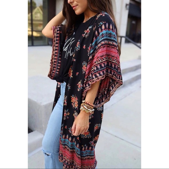 Boho Mixed Pattern Flowy Sleeve Kimono - Picture 2 of 6